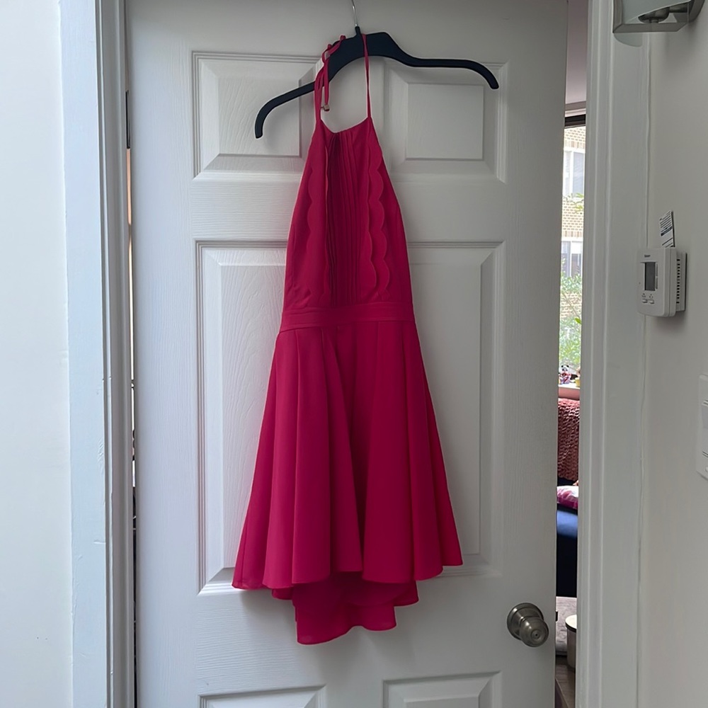 High neck, low back, dress